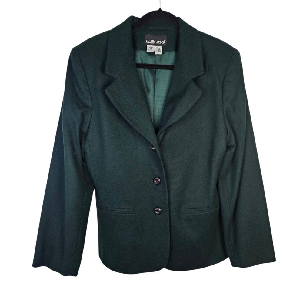 Vtg 90s Women's Sz 14 NEW Wool Blend Blazer Fully Lined 3 Buttons Dark Green